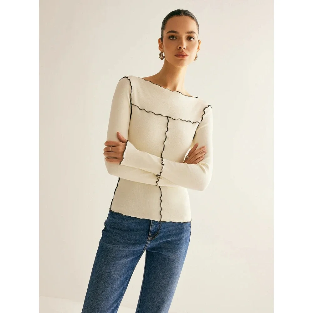 Commense‎ Deep Burgundy Ribbed Lettuce Hem Seam Detail Long Sleeve Top Small - Picture 7 of 13